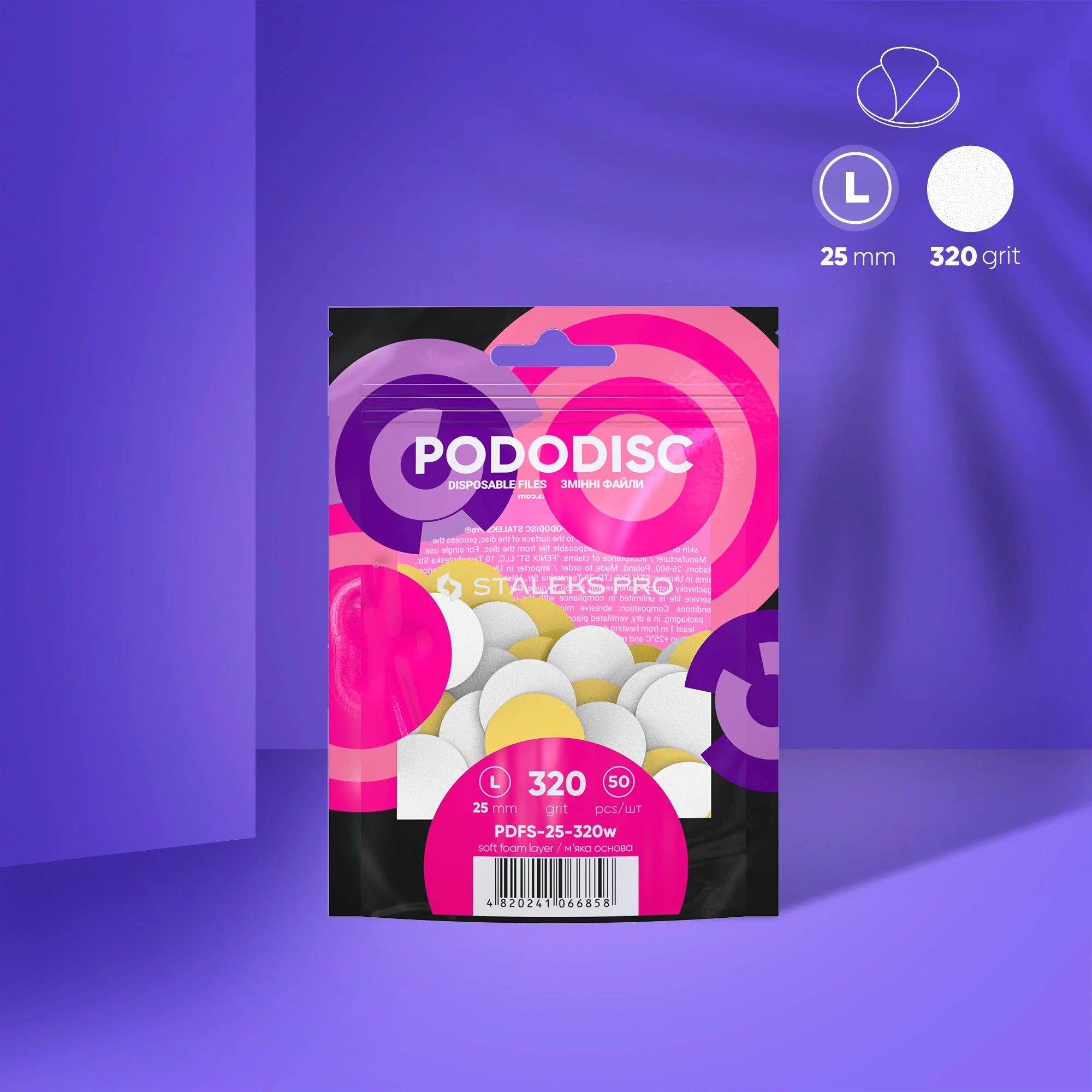 STALEKS EXPERT 25 PODODISC L Wymienne pilniki samoprzylepne do dysku pedicure na miękkiej bazie, ziarnistość 320, 25 mm (50 szt.)
